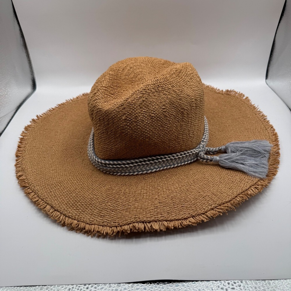 Peter Grimm x Pura Vida Tan Straw Wide Brim Sun Hat Gray Tassel Trim O/S